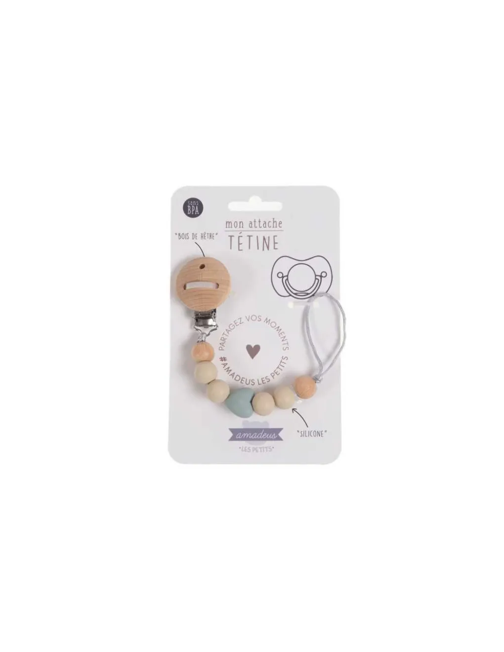 Amadeus Les Petits Attache tétine coeur sauge - Clearance