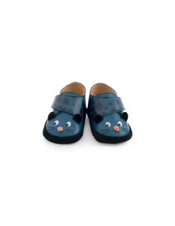 Moulin Roty Chaussons cuir panthère bleu Dans la jungle 6/12 m - Discount
